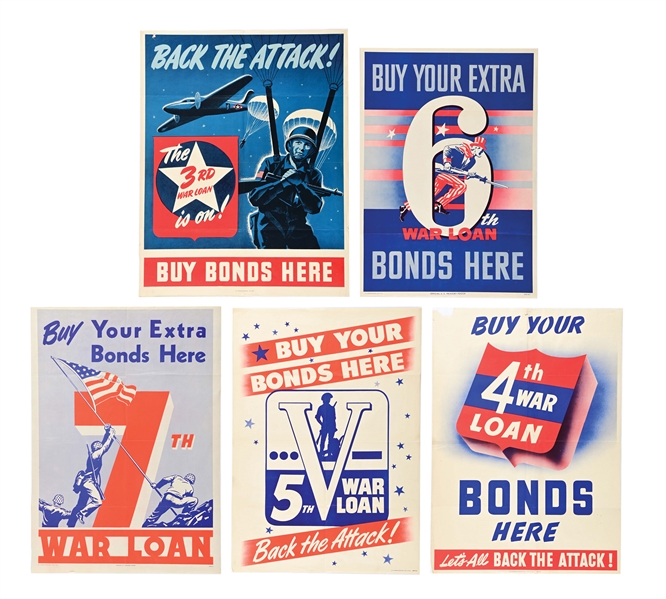 LOT OF 5: US WWII WAR BOND POSTERS FROM THE 3RD, 4TH, 5TH, 6TH, AND 7TH WAR LOAN.