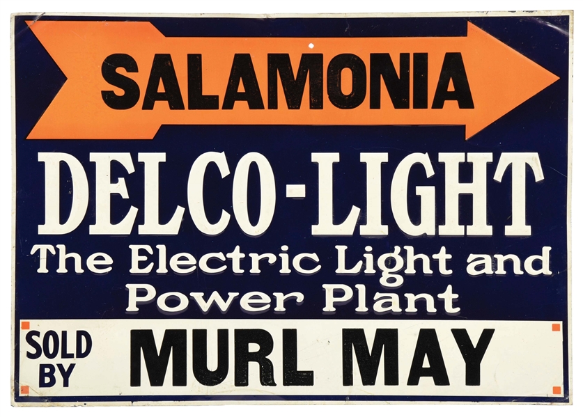 SALAMONIA DELCO-LIGHT EMBOSSED TIN SIGN W/ ARROW GRAPHIC.