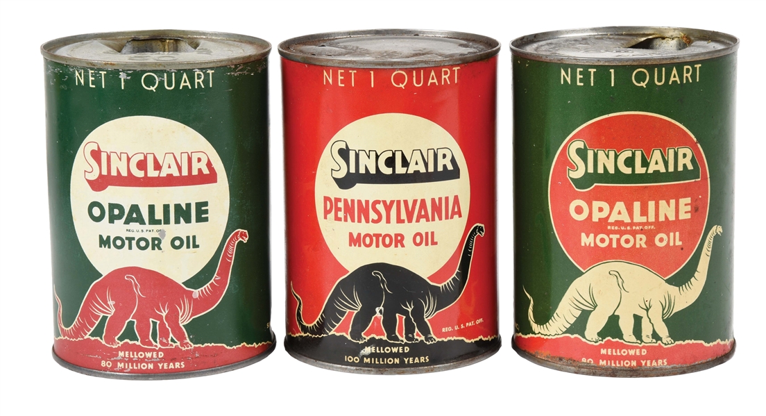 COLLECTION OF THREE: SINCLAIR MOTOR OIL DINOSAUR ONE QUART CANS. 