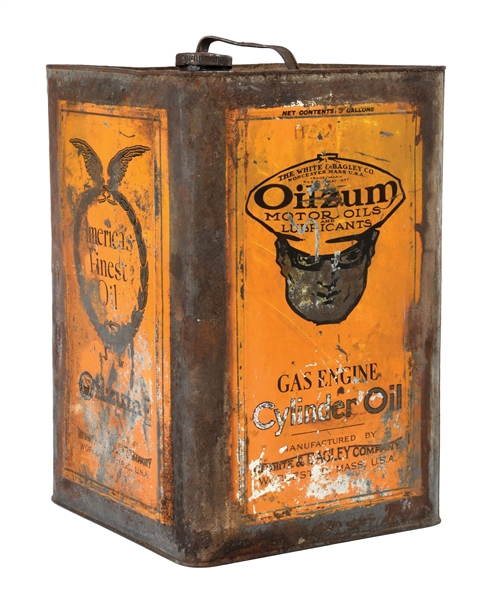 OILZUM GAS ENGINE CYLINDER OIL FIVE GALLON CAN W/ OSWALD THE DRIVER GRAPHIC. 