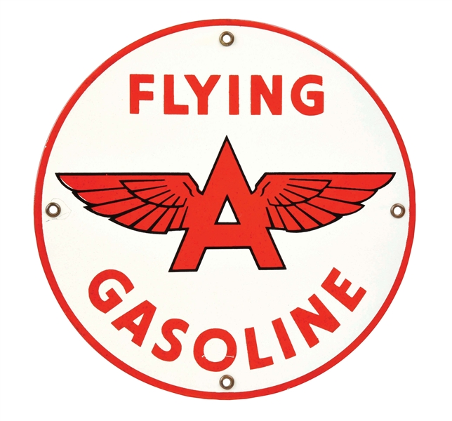 FLYING A GASOLINE PORCELAIN PUMP PLATE SIGN.