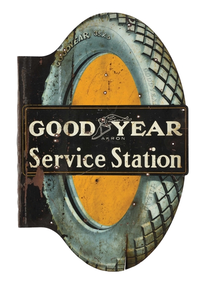 GOODYEAR SERVICE STATION TIN FLANGE SIGN W/ TIRE GRAPHIC.