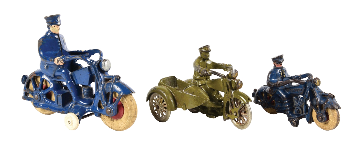 LOT OF 3: CAST IRON BLUE AND GREEN MOTORCYCLE TOYS.