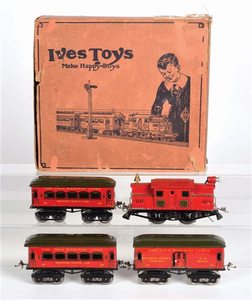 LOT OF 4: IVES RAILWAY LINES LOCO ENGINE 3251 W/ DRAWING ROOM CARS & TRACK.