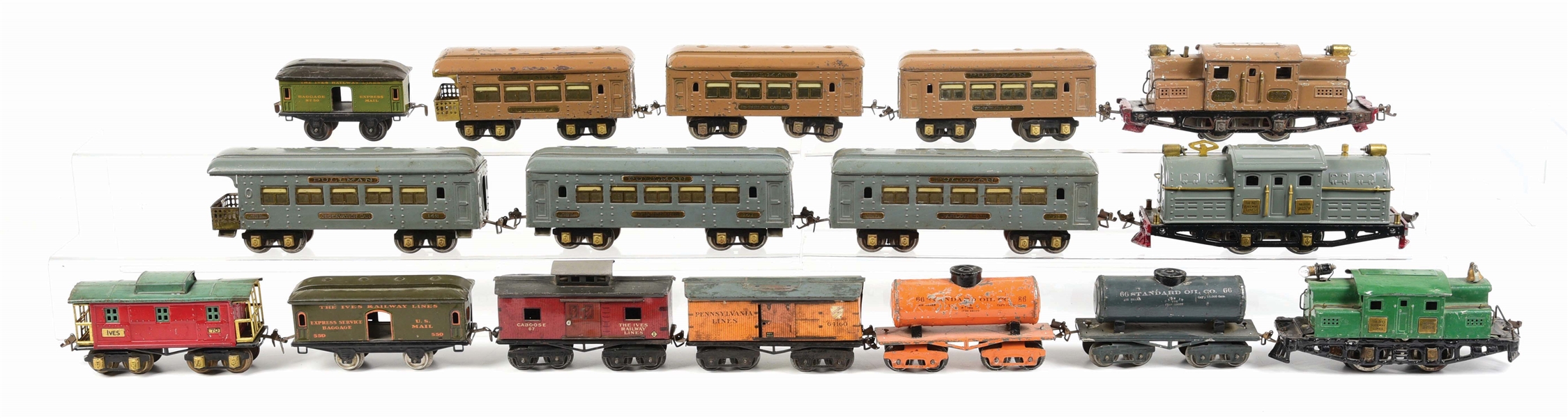 LARGE GROUPING OF IVES LOCOMOTIVES, PASSENGER CARS & FREIGHT CARS.