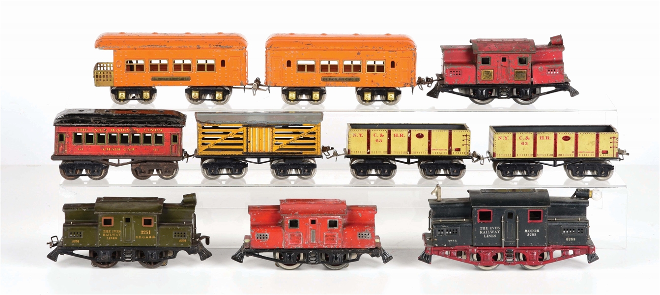 GROUPING OF IVES LOCOMOTIVES, PASSENGER CARS & FREIGHT CARS.