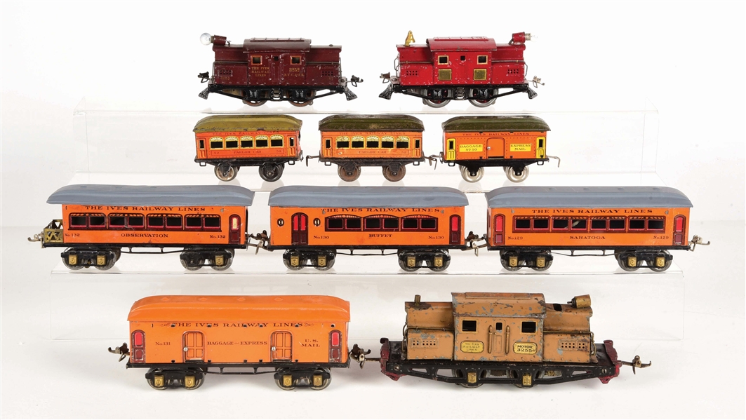 LOT OF 10: IVES LOCOMOTIVES & PASSENGER CARS.