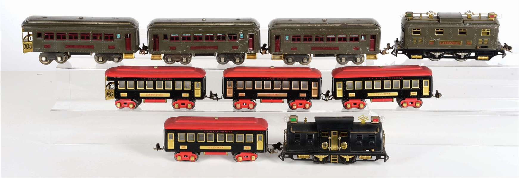 LOT OF 9: ASSORTMENT OF LIONEL REPAINTED PASSENGER CARS & LOCOMOTIVES.