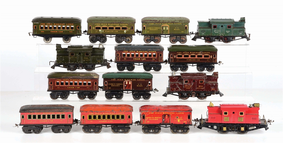 LARGE LOT OF: IVES LOCOMOTIVES & PASSENGER CARS.