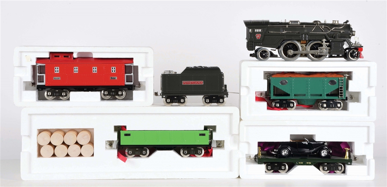 SET OF 5: BOXED TINPLATE TRADITIONS MTH ELECTRIC TRAIN ENGINE & FREIGHT CARS.