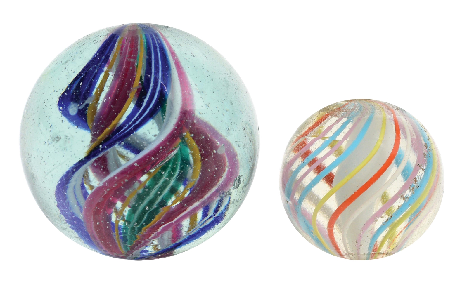 LOT OF 2: OUTSTANDING SOLID CORE SWIRL AND NAKED DOUBLE RIBBON CORE MARBLES.