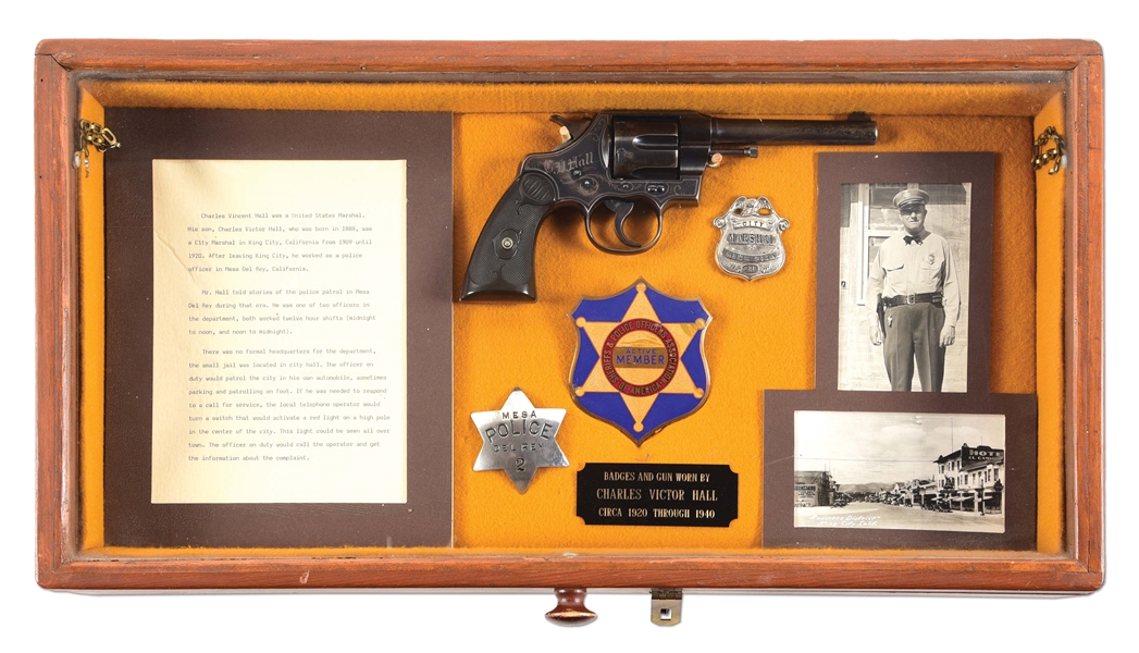 (C) ENGRAVED COLT ARMY SPECIAL REVOLVER OF KING CITY CALIFORNIA MARSHAL CHARLES V. HALL WITH HIS BADGES.