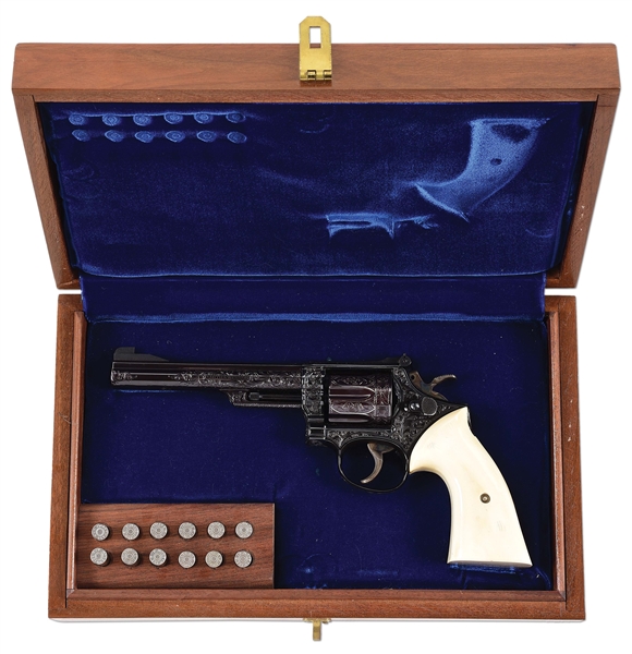 (C) WONDERFUL ENGRAVED AND SILVER INLAID SMITH & WESSON MODEL 19-3 DOUBLE ACTION REVOLVER WITH DISPLAY CASE.