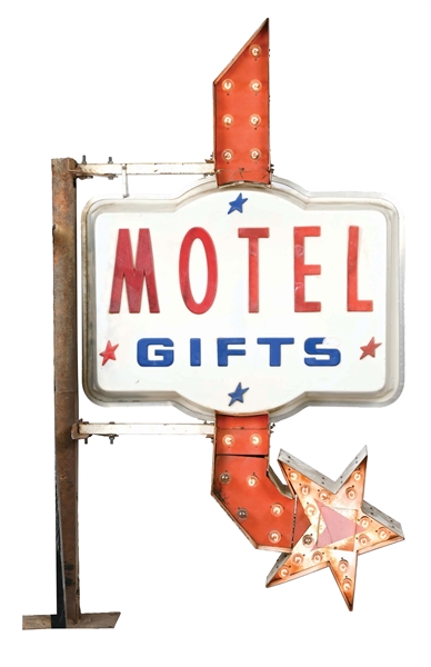VERY UNIQUE DISPLAYING "MOTEL GIFTS" PLASTIC LEXAN SIGN ATTACHED TO FLASHING ARROW.