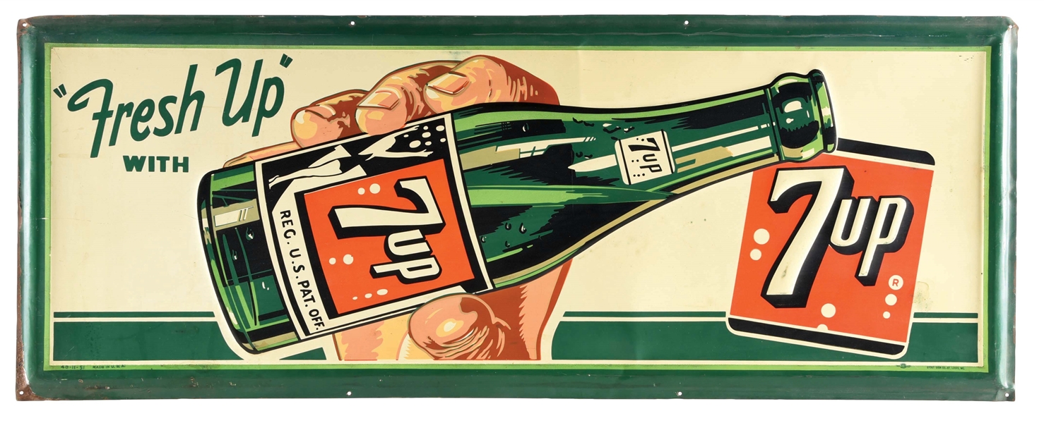 FRESH UP WITH 7UP SELF-FRAMED EMBOSSED TIN SIGN W/ BOTTLE GRAPHIC.