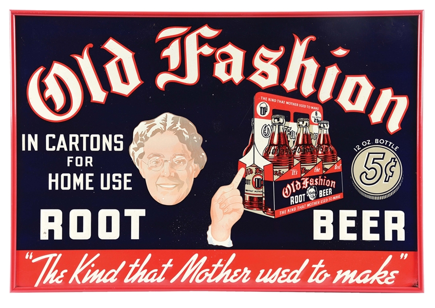 OLD FASHION ROOT BEER EMBOSSED TIN SIGN W/ 6-PACK GRAPHIC.