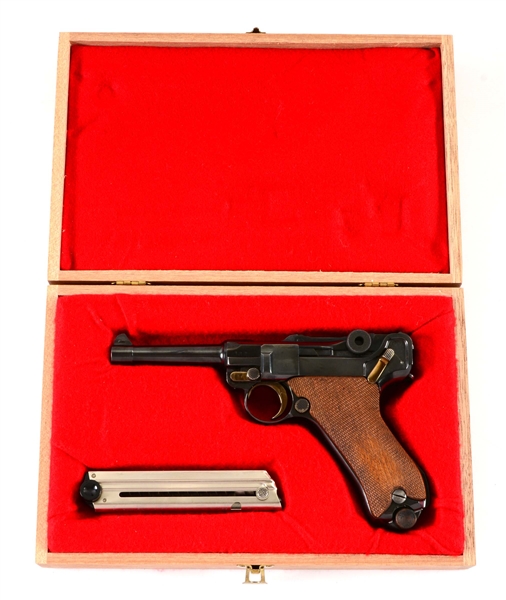(C) CASED FIRST ISSUE DWM P.08 LUGER SEMI AUTOMATIC PISTOL.
