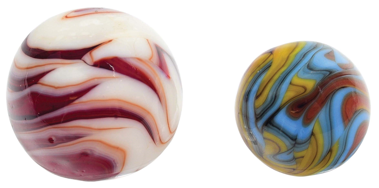 LOT OF 2: CHRISTENSEN AGATE TRI AND FOUR COLOR FLAME MARBLES.