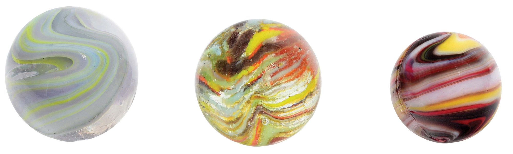 LOT OF 3: CHRISTENSEN AGATE SUBMARINE, CYCLONE GUINEA AND STRIPED OPAQUE MARBLES.