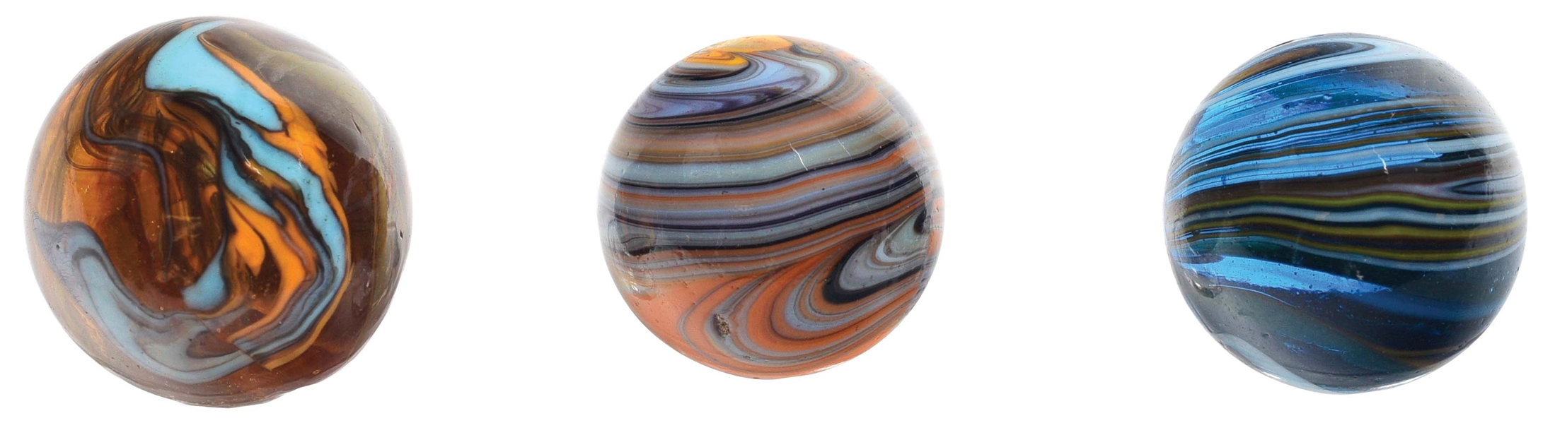 LOT OF 3: CHRISTENSEN AGATE SUBMARINE, SUBMARINE AND STRIPED OPAQUE MARBLES.