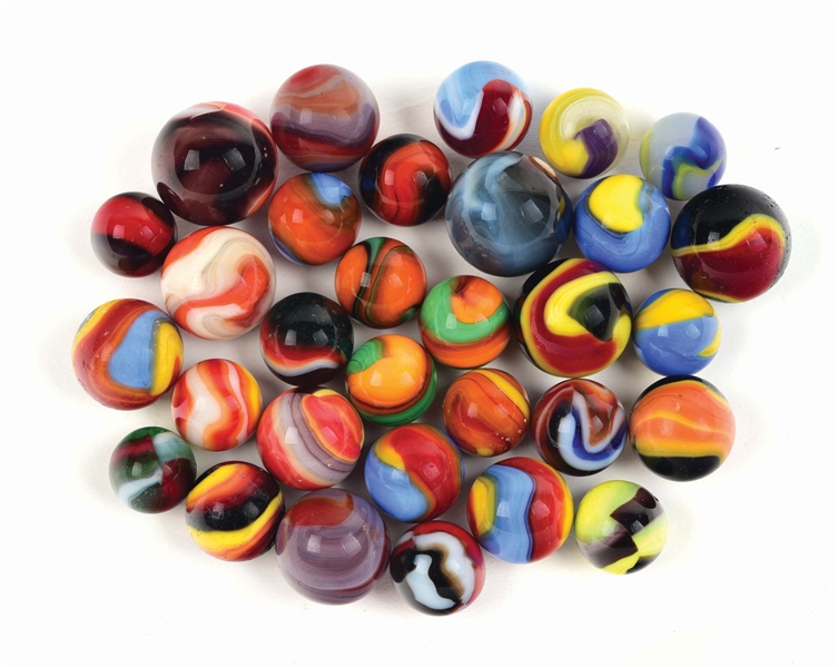 LOT OF 30: MACHINE MADE MARBLES.