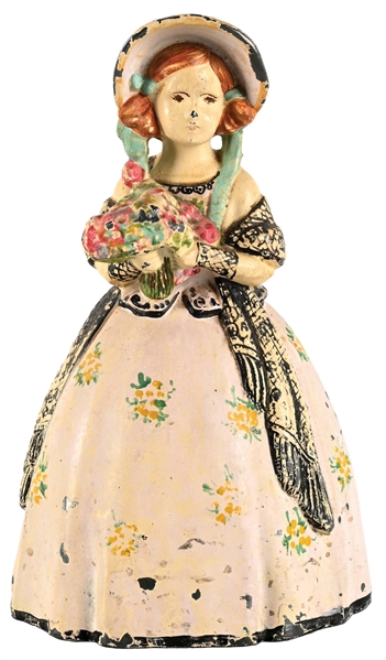 UNUSUAL CAST IRON WOMAN HOLDING FLORAL DISPLAY DOORSTOP.