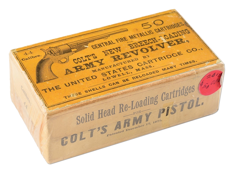 RARE US CARTRIDGE COMPANY PICTURE BOX OF .44 CENTER FIRE CARTRIDGES.