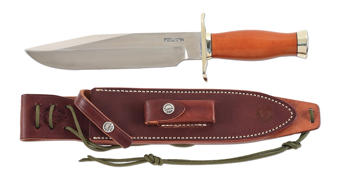 EXTREMELY RARE 1 OF 3 MADE ORLANDO RANDALL MODEL 12-9 #14 GRIND SPORTSMAN BOWIE KNIFE WITH NASA BROWN GOLD MICARTA HANDLE AND CORRECT SHEATH.