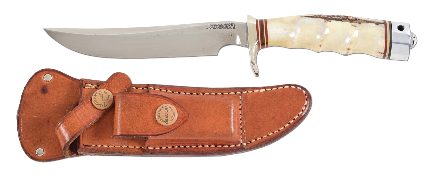 RANDALL MADE KNIFE MODEL 4 WITH FINGER GROOVED STAG HANDLE WITH SCARCE FRANZ-LOC CLIP ON SHEATH.