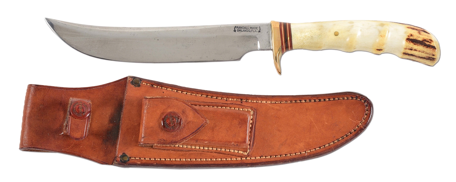 RANDALL MODEL 3-7 KNIFE WITH FINGER GROOVED STAG HANDLE AND SHEATH.