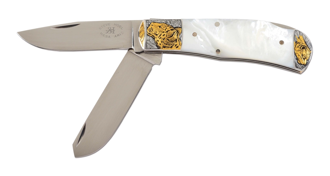 RON SKAGGS ENGRAVED 2 BLADE FOLDING KNIFE BY STEVE HOEL WITH MOTHER OF PEARL GRIPS.