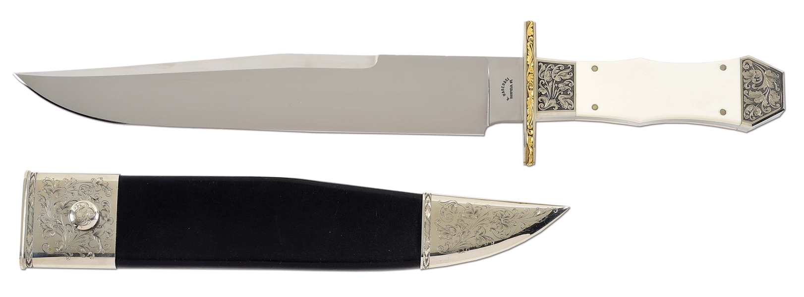 BUSTER WARENSKI ENGRAVED BOWIE KNIFE WITH GOLD INLAY AND SCRIMSHAWED IVORY GRIPS.