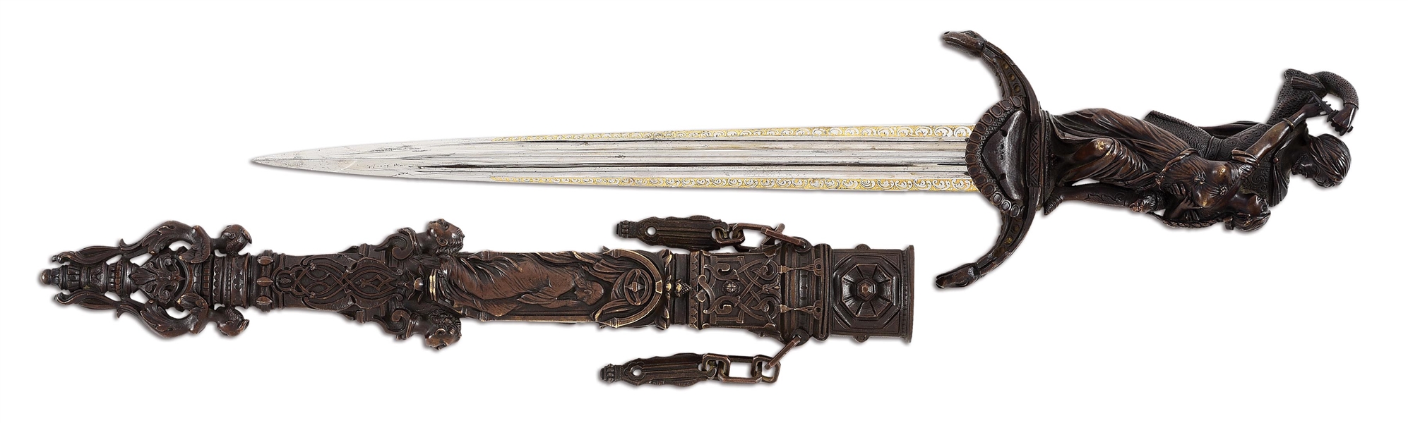 ATTRACTIVE 19TH CENTURY ROMANTIC DAGGER WITH GOLD WASHED BLADE AND DEPICTION OF IAGO KILLING EMILIA FROM OTHELLO.