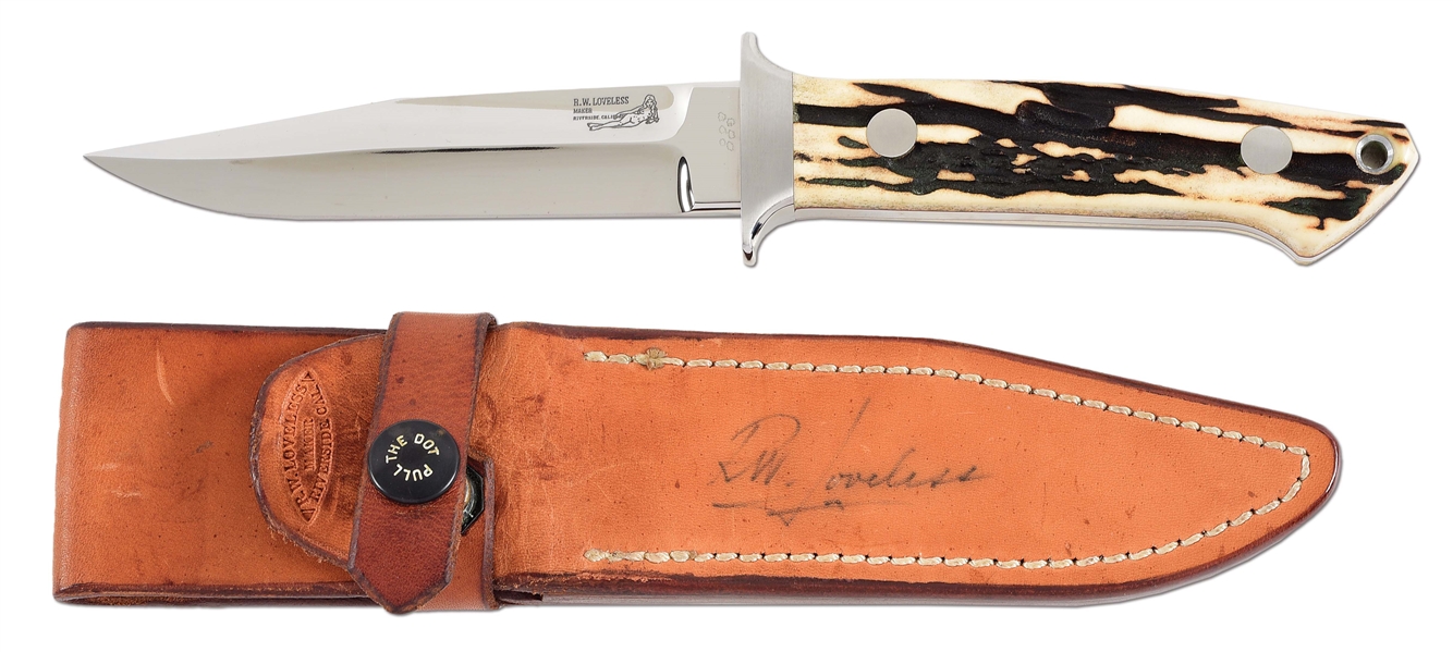 BOB LOVELESS STAG HANDLED BOOT KNIFE WITH DOUBLE NUDE LOGO AND MATCHING LEATHER SHEATH.