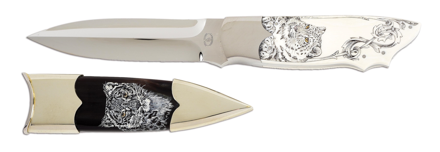 L.A. MCCONNELL SNOW LEOPARD DAGGER WITH EBONY SCABBARD AND SCRIMSHAWED IVORY GRIPS BY LINDA KARST STONE.