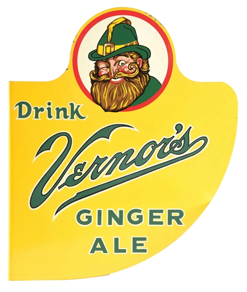 TIN VERNORS GINGER ALE FLANGE SIGN W/ GNOME GRAPHIC.