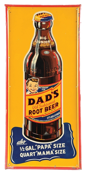 DADS ROOT BEER TIN SIGN W/ EMBOSSED BOTTLE AND LITTLE BOY GRAPHIC.