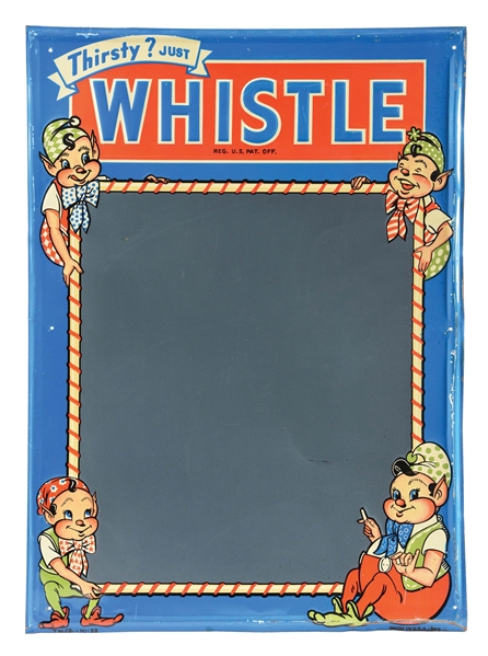 "THIRSTY? JUST WHISTLE" EMBOSSED TIN MENU BOARD W/ ELF GRAPHICS.