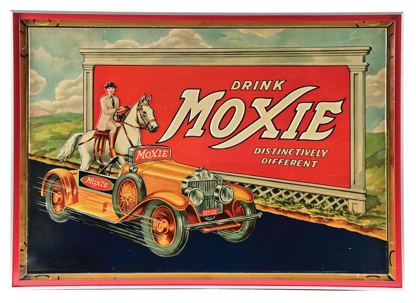 MOXIE "DISTINCTIVELY DIFFERENT" EMBOSSED  TIN SIGN W/ HORSE POWER GRAPHIC.