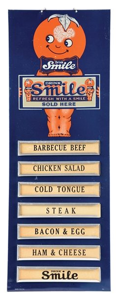 DRINK SMILE TIN MENU BOARD W/ PAPER INSERTS.