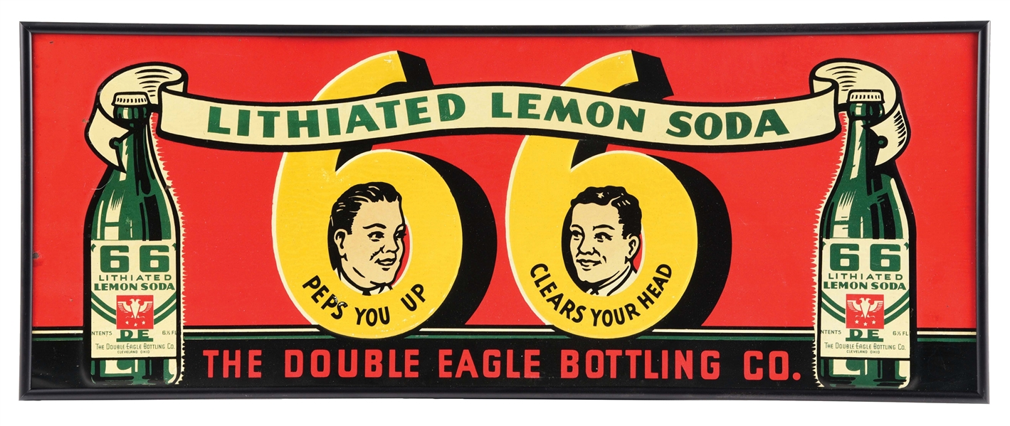 66 LITHIATED LEMON SODA EMBOSSED TIN SIGN W/ DOUBLE BOTTLE GRAPHIC.