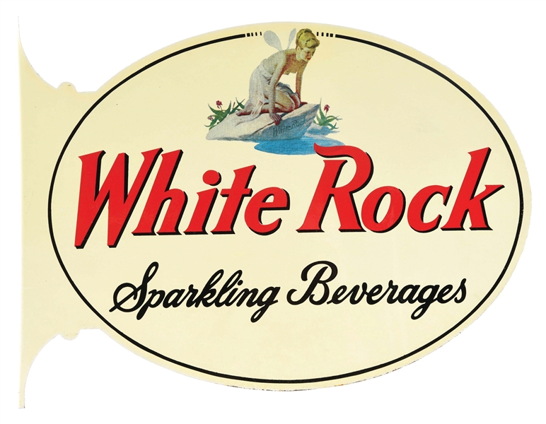 WHITE ROCK SPARKLING BEVERAGES TIN FLANGE SIGN W/ FAIRY GRAPHIC.