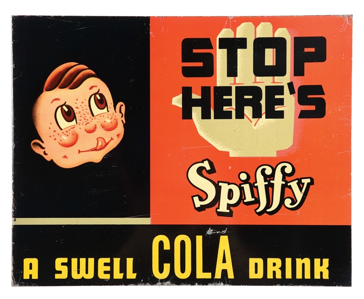 SPIFFY COLA TIN FLANGE SIGN W/ SPIFFY BOY GRAPHIC.