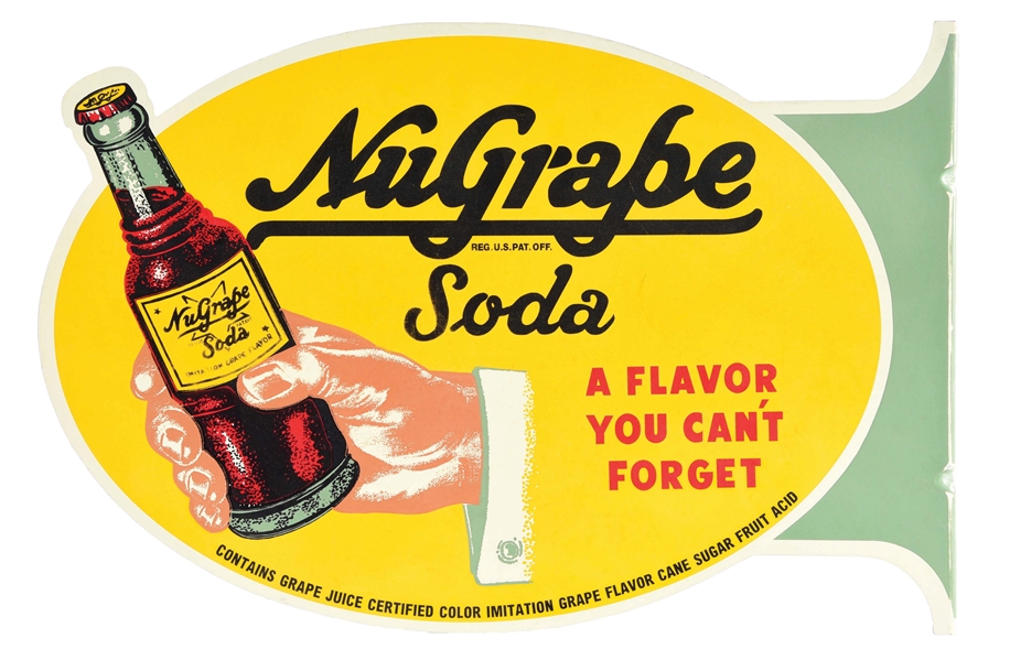 NU-GRAPE SODA FLANGE SIGN W/ HAND AND BOTTLE GRAPHIC.