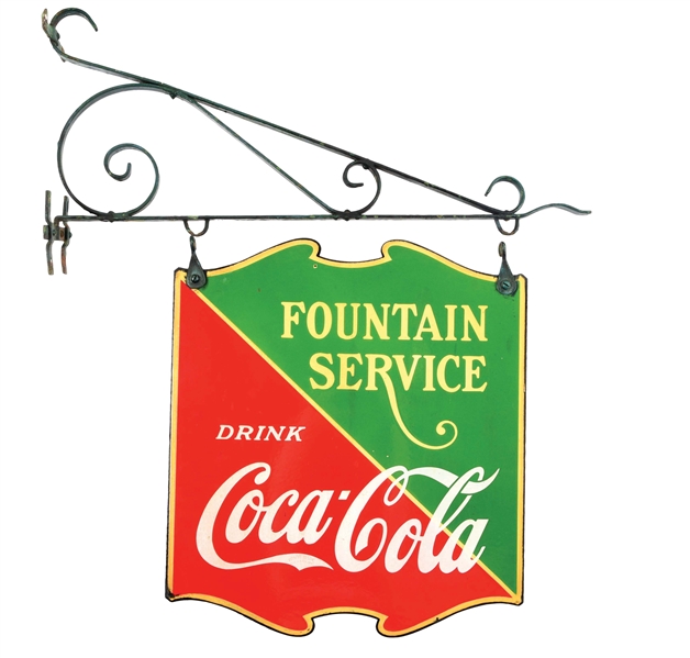 COCA-COLA FOUNTAIN SERVICE PORCELAIN SIGN W/BRACKET HANGER.