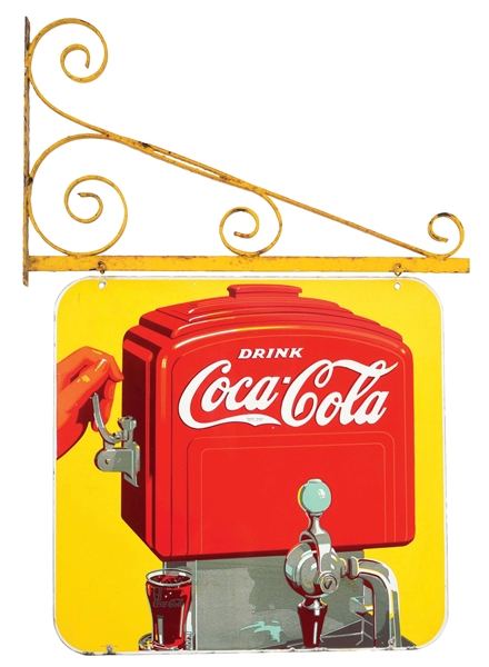 PORCELAIN DRINK COCA-COLA DISPENSER SIGN W/BRACKET HANGER.