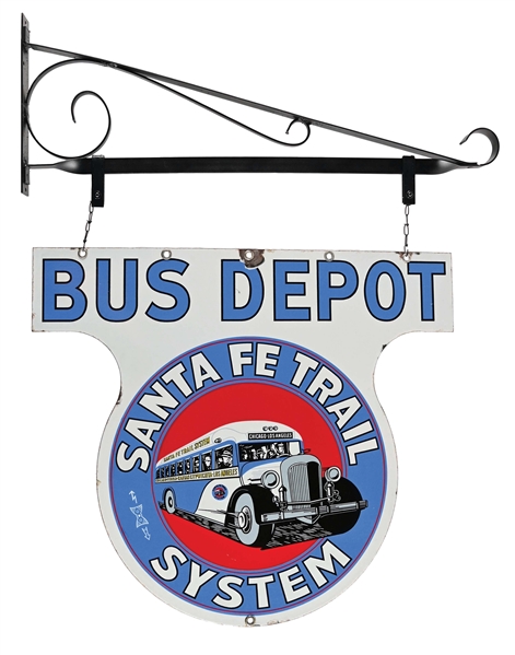 BUS DEPOT SANTA FE PORCELAIN SIGN W/ BRACKET HANGER.