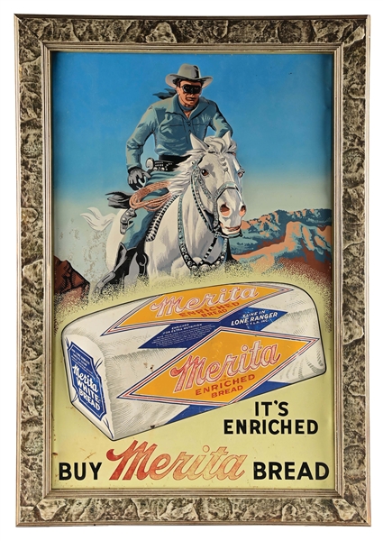 MERITA BREAD EMBOSSED TIN SIGN W/ LONE RANGER GRAPHIC.