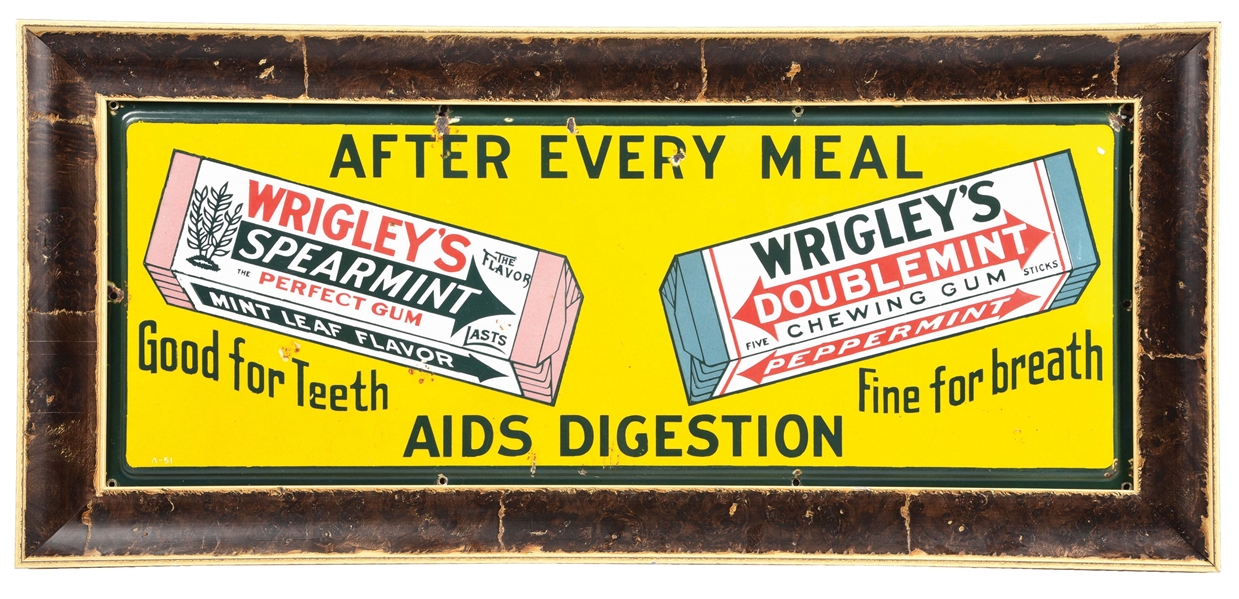 WRIGLEYS GUM PORCELAIN SIGN W/ GUM PACK GRAPHIC.