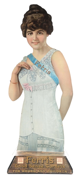 DOUBLE-SIDED TIN LITHOGRAPHED FERRIS CORSETS COUNTERTOP DISPLAY W/ BEAUTIFUL YOUNG LADY WEARING PRODUCT.